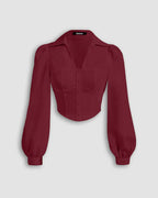 Puff Sleeve Collared Button Down Shirt in Cherry Maroon