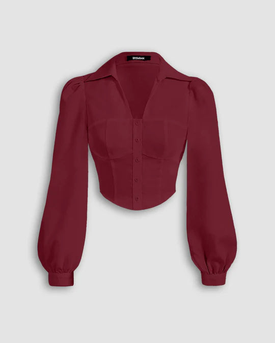 Puff Sleeve Collared Button Down Shirt in Cherry Maroon