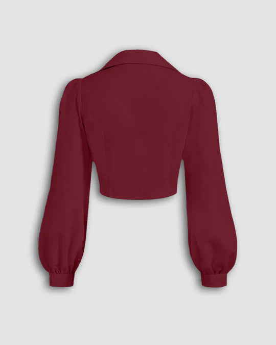 Puff Sleeve Collared Button Down Shirt in Cherry Maroon