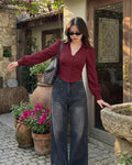 Puff Sleeve Collared Button Down Shirt in Cherry Maroon