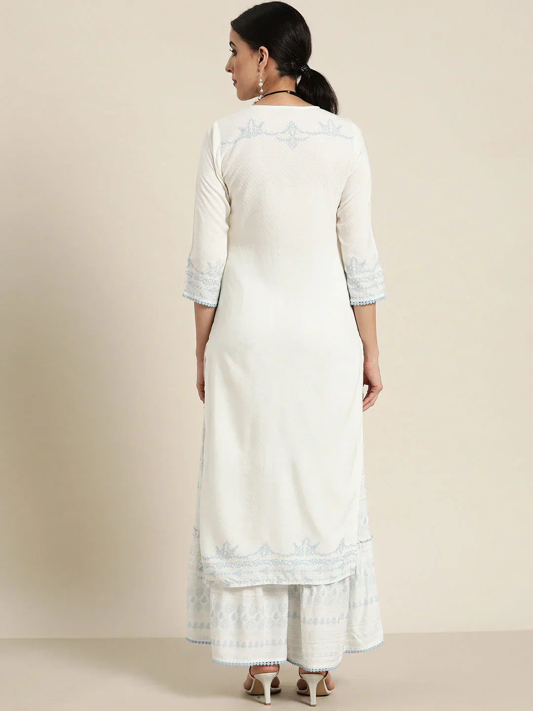 Off-White Ethnic Motif Printed Rayon Kurta Set with Gota & Lace Work | Elegant Festive Wear