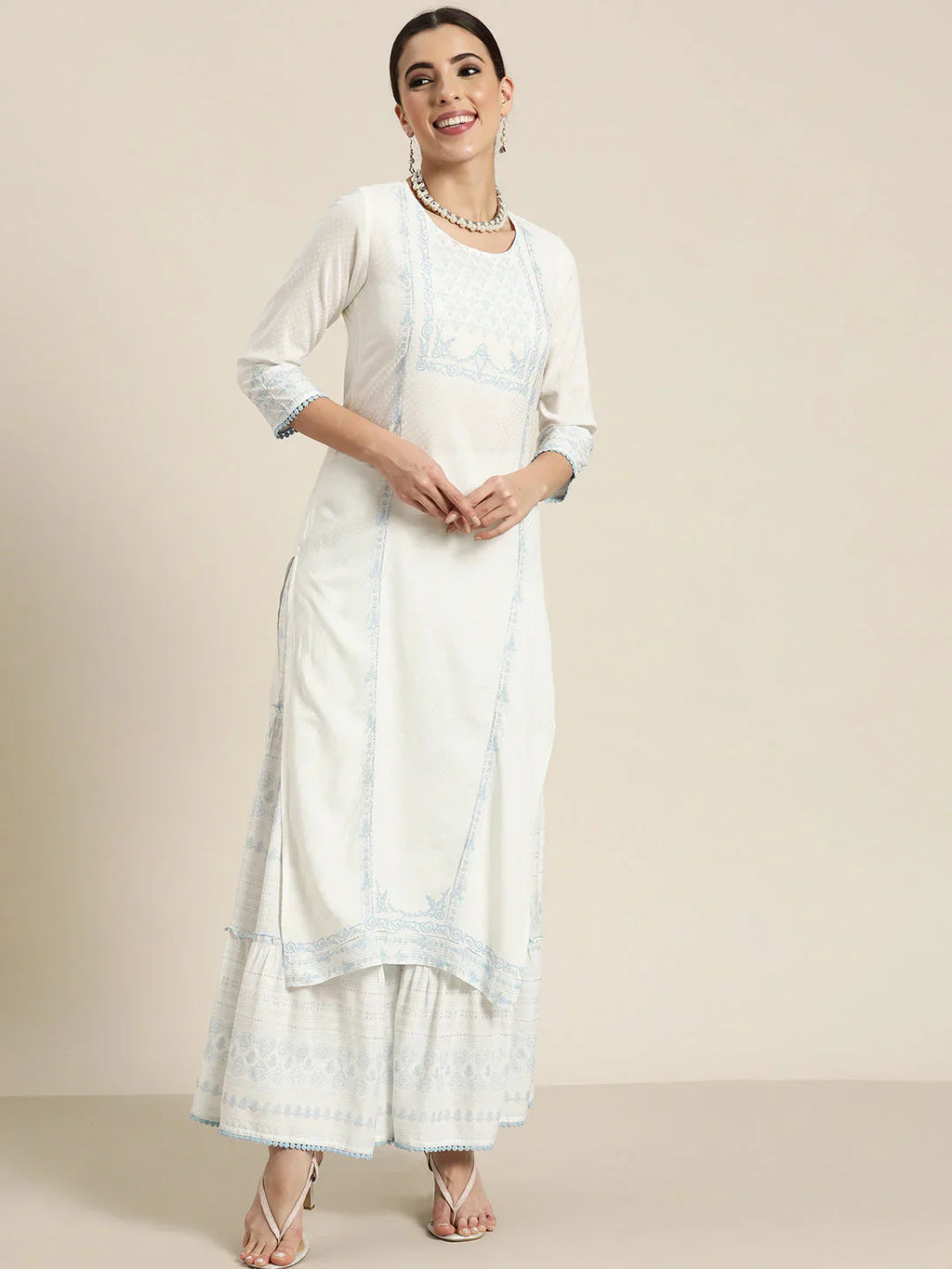 Off-White Ethnic Motif Printed Rayon Kurta Set with Gota & Lace Work | Elegant Festive Wear