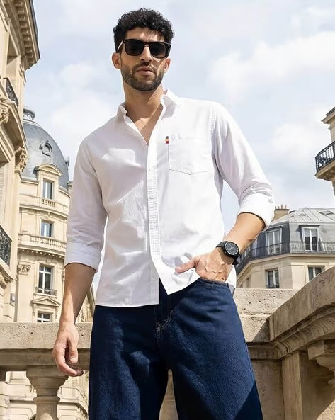 Aayam White Regular Fit Shirt with Spread Collar