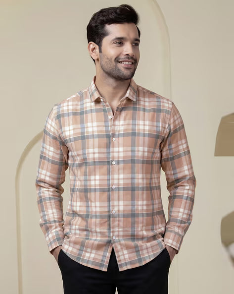 Aayam Peach & Grey Checked Regular Fit Shirt