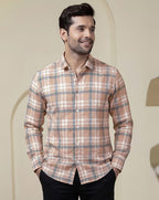 Aayam Peach & Grey Checked Regular Fit Shirt