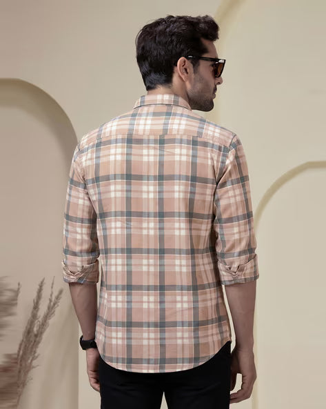 Aayam Peach & Grey Checked Regular Fit Shirt