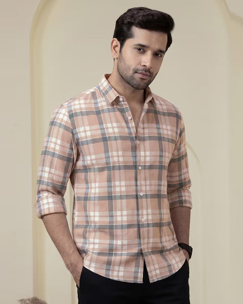 Aayam Peach & Grey Checked Regular Fit Shirt