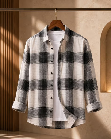 Aayam Black & White Checked Regular Fit Shirt