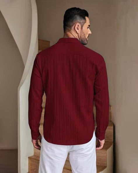 Aayam Maroon Textured Striped Regular Fit Shirt