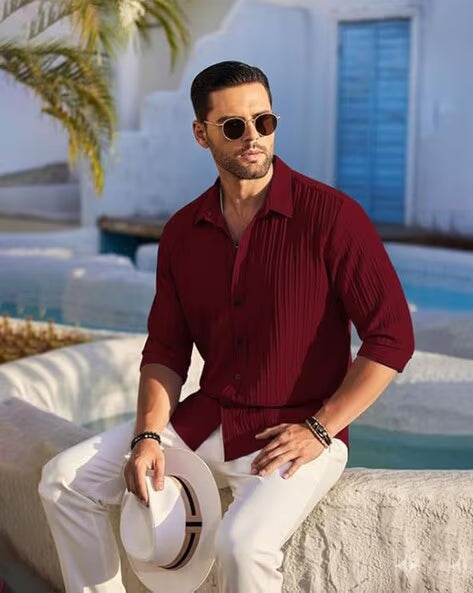 Aayam Maroon Textured Striped Regular Fit Shirt