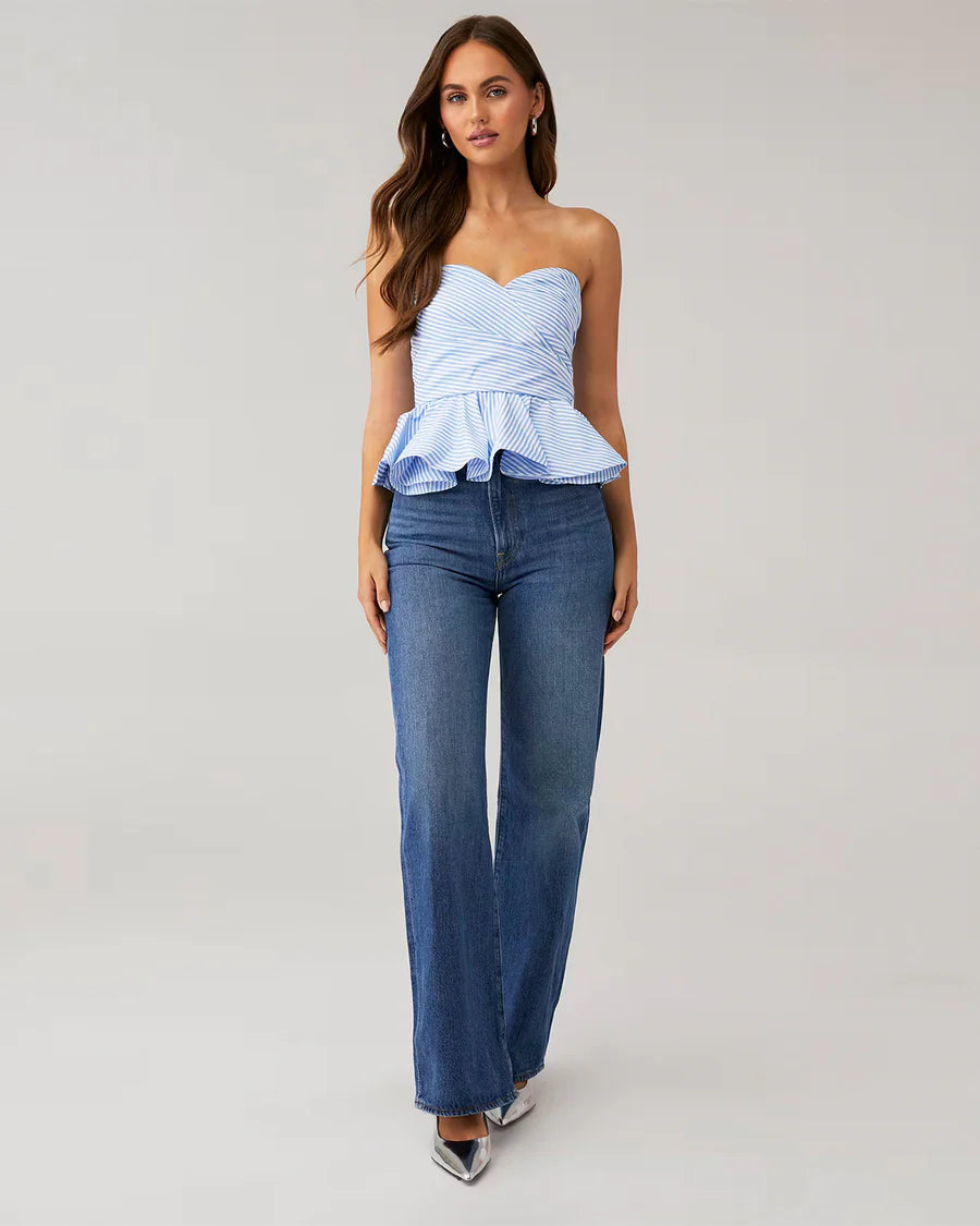 Blue Striped Peplum Tube Top for Women | Chic Summer Brunch Wear