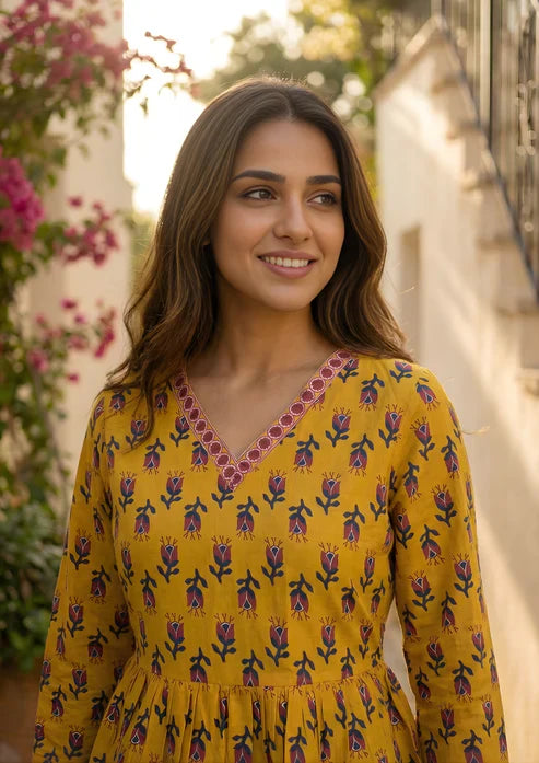 Mustard Floral Printed Cotton Short Kurta for Women | Stylish Casual Everyday Wear
