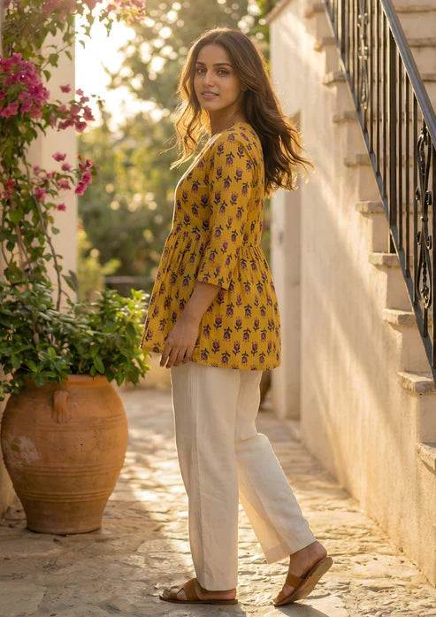 Mustard Floral Printed Cotton Short Kurta for Women | Stylish Casual Everyday Wear