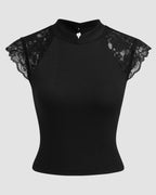 Black Floral Lace Mock Neck Top for Women | Elegant Casual & Evening Wear