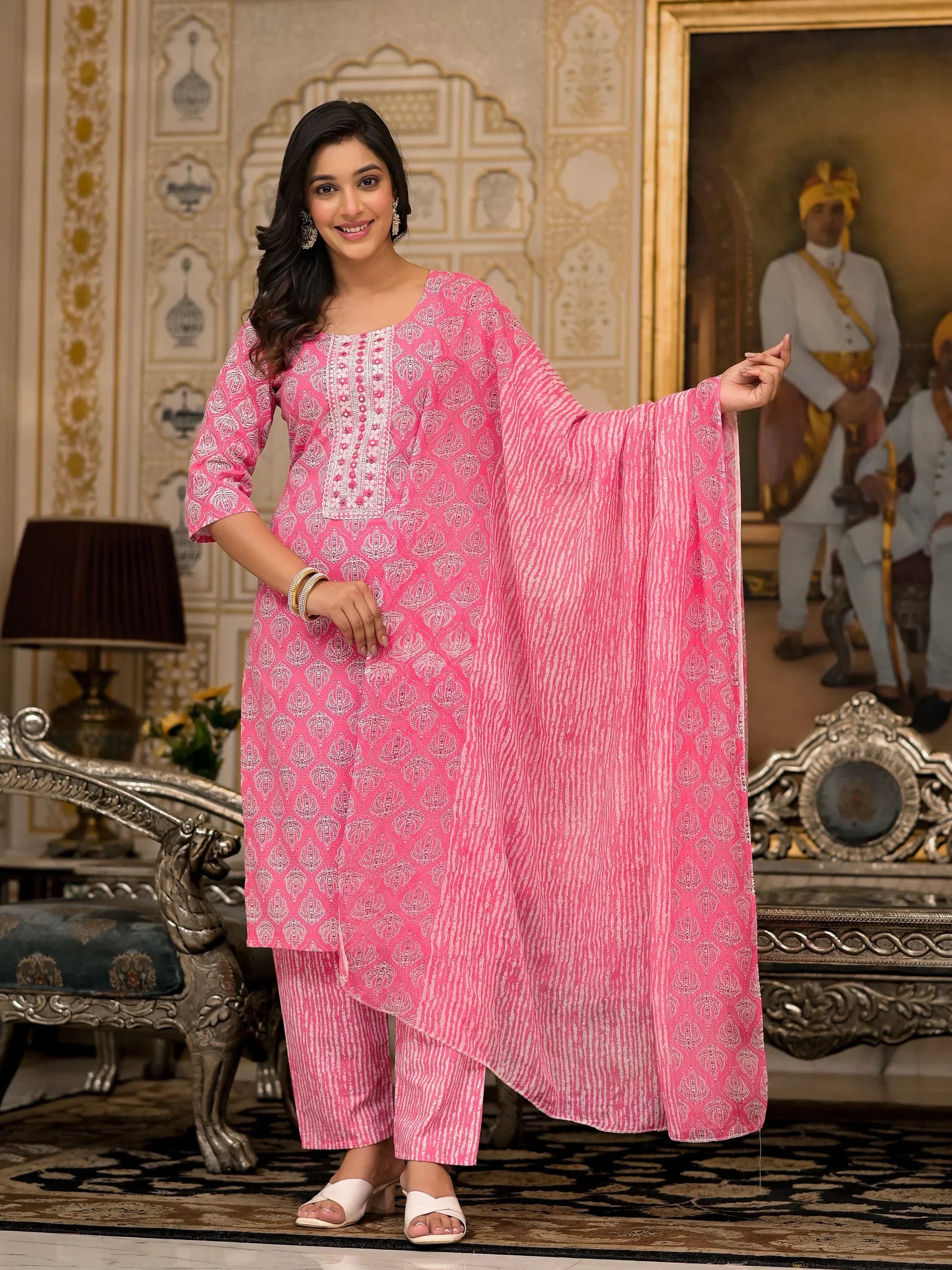 Pink Ethnic Motif Printed Cotton Kurta Pant & Dupatta Set with Thread & Mirror Work | Festive Wear