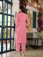 Peach Floral Printed Cotton Kurta & Pant Set for Women with Lace & Button Detailing | Elegant Everyday Wear