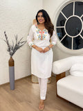 White Cotton Embroidered & Khatli Hand Work Kurta Pant Set for Women | Premium Ethnic Wear