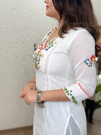 White Cotton Embroidered & Khatli Hand Work Kurta Pant Set for Women | Premium Ethnic Wear