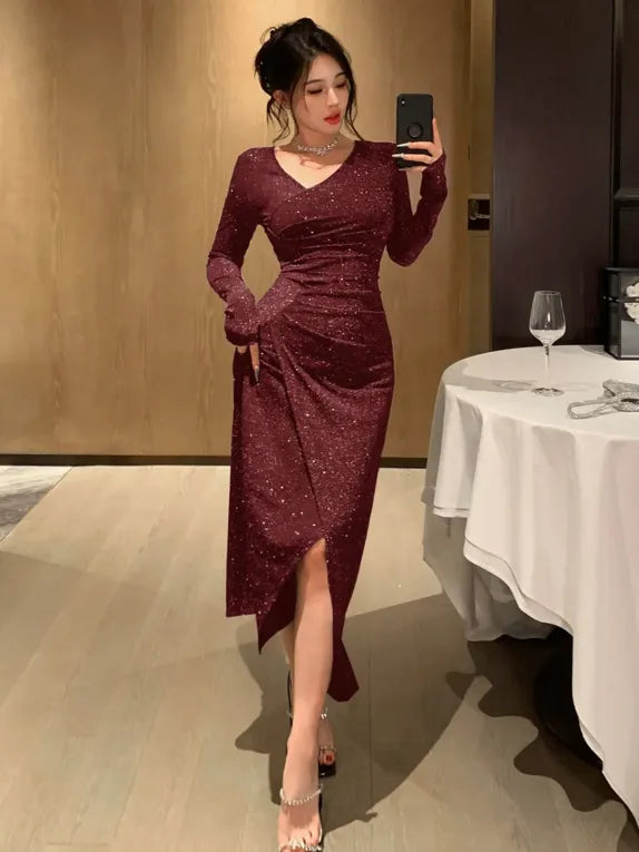 Wine V-Neck Ruched Glitter Midi Dress – Luxe Night Edition
