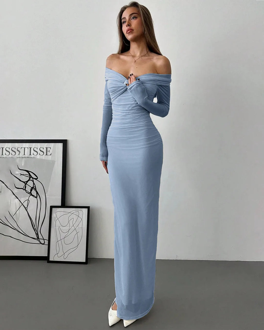 Dusty Blue Off-Shoulder Mesh Ruched Maxi Dress | Elegant Evening Gown for Women