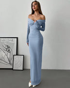 Dusty Blue Off-Shoulder Mesh Ruched Maxi Dress | Elegant Evening Gown for Women