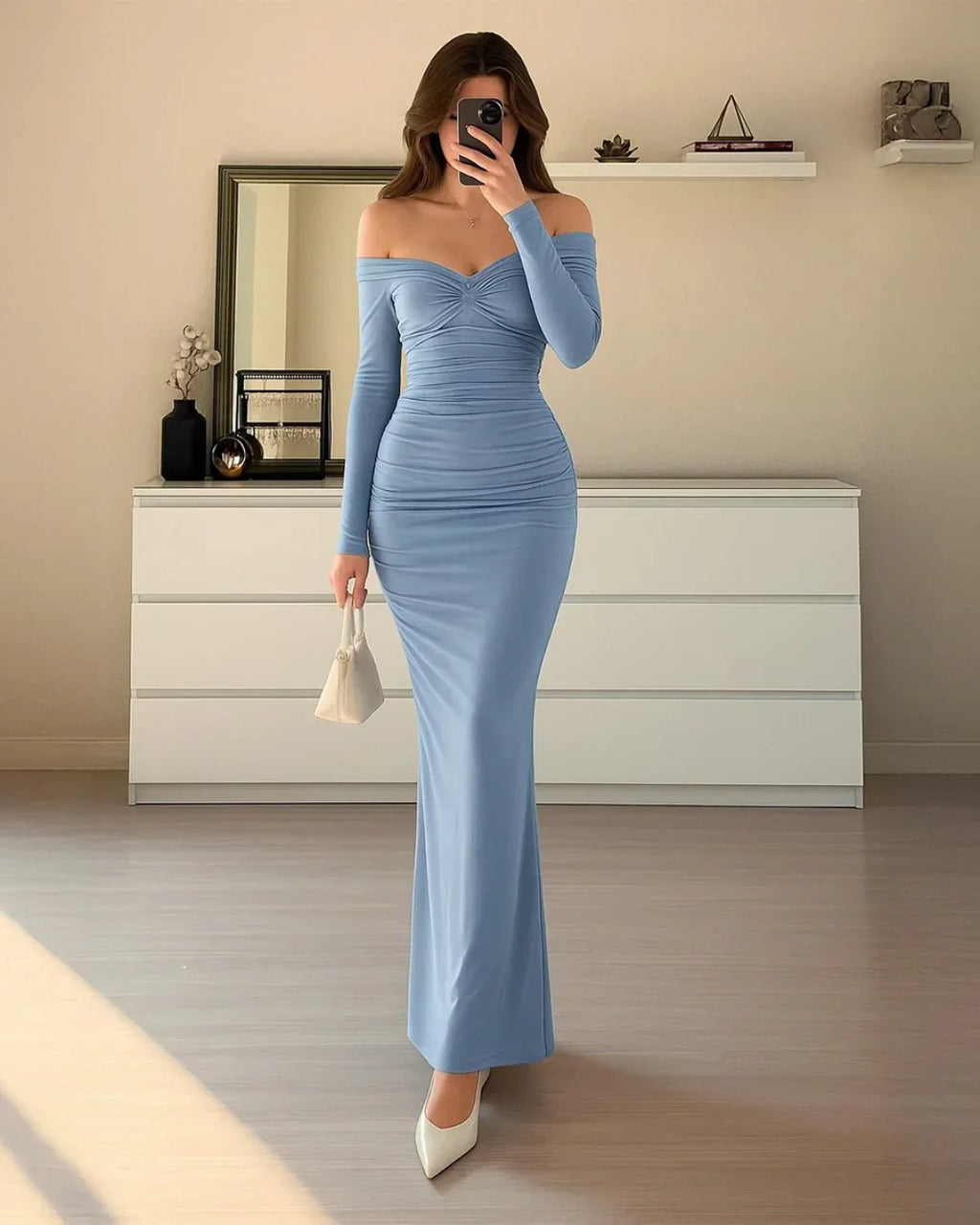 Dusty Blue Off-Shoulder Mesh Ruched Maxi Dress | Elegant Evening Gown for Women