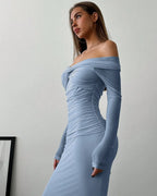 Dusty Blue Off-Shoulder Mesh Ruched Maxi Dress | Elegant Evening Gown for Women