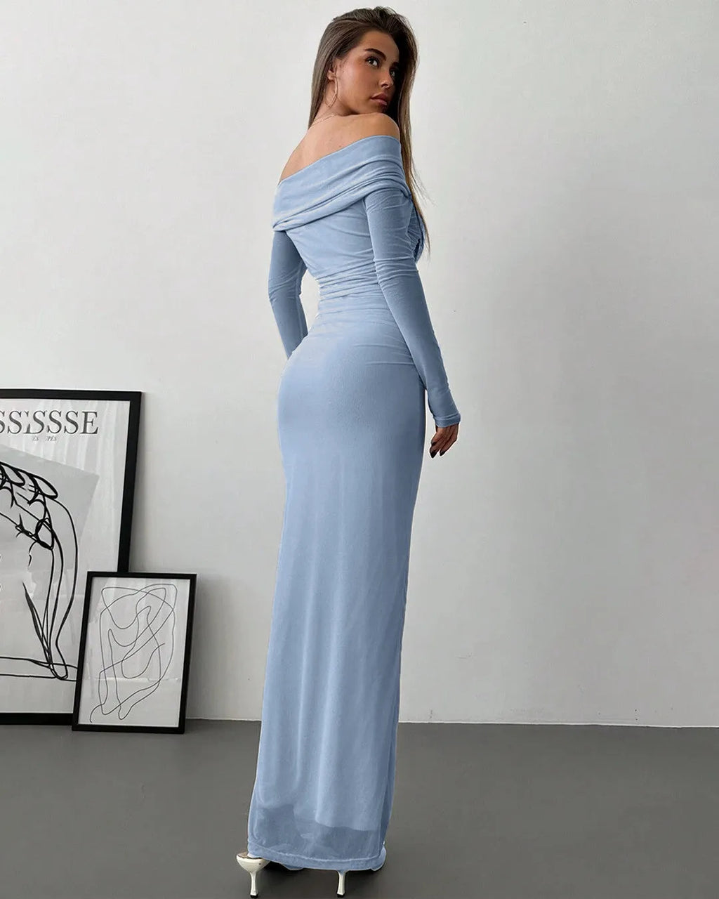 Dusty Blue Off-Shoulder Mesh Ruched Maxi Dress | Elegant Evening Gown for Women