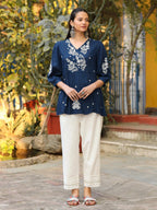 Blue Embroidered V-Neck Peasant Tunic for Women | Boho Casual Chic Wear