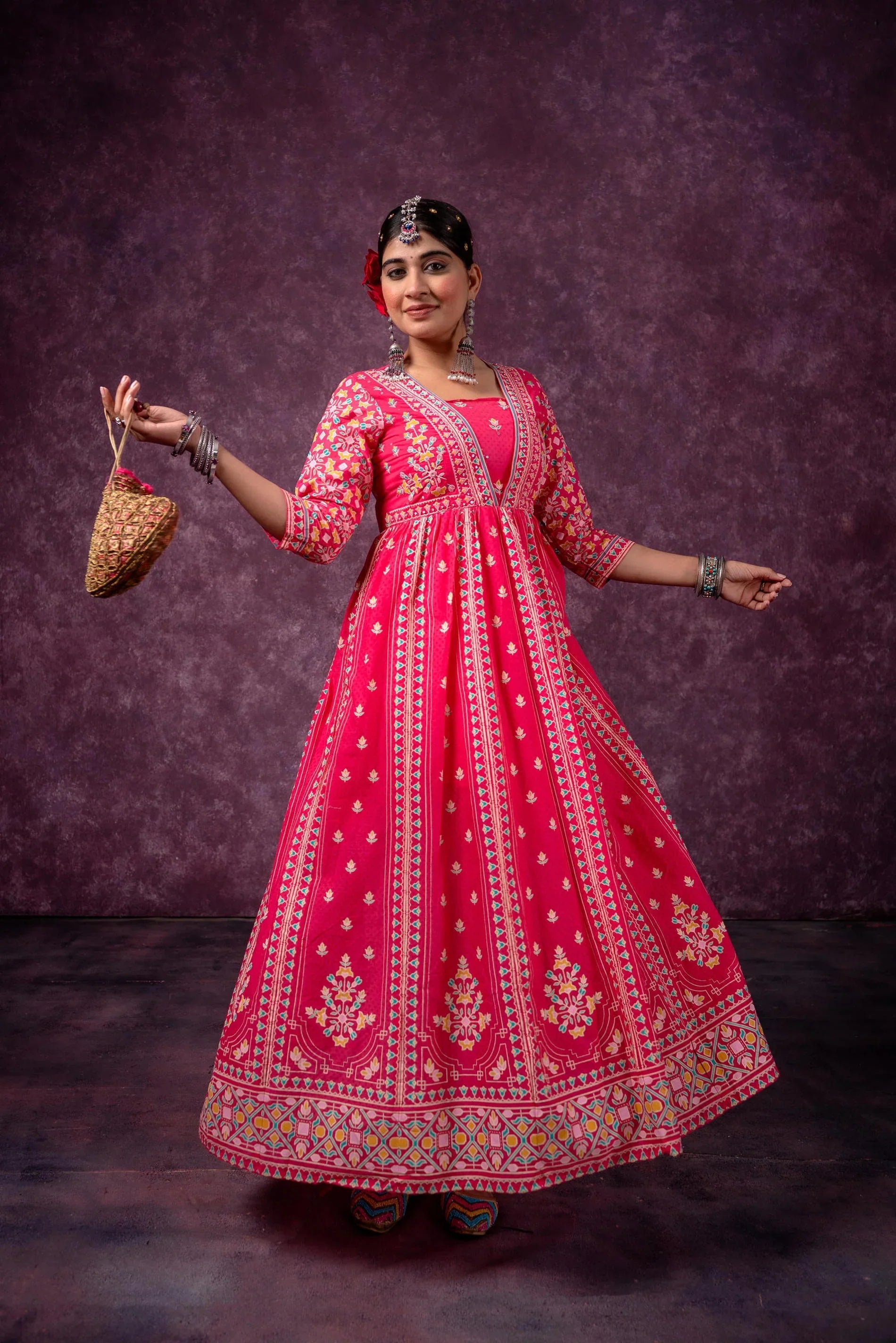 Pink Ethnic Printed Cotton Anarkali Kurta for Women | Festive A-Line Flared Wear