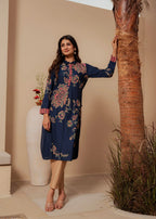 Midnight Blue Floral Printed Viscose Kurta for Women with Button Detailing | Elegant Everyday & Evening Wear