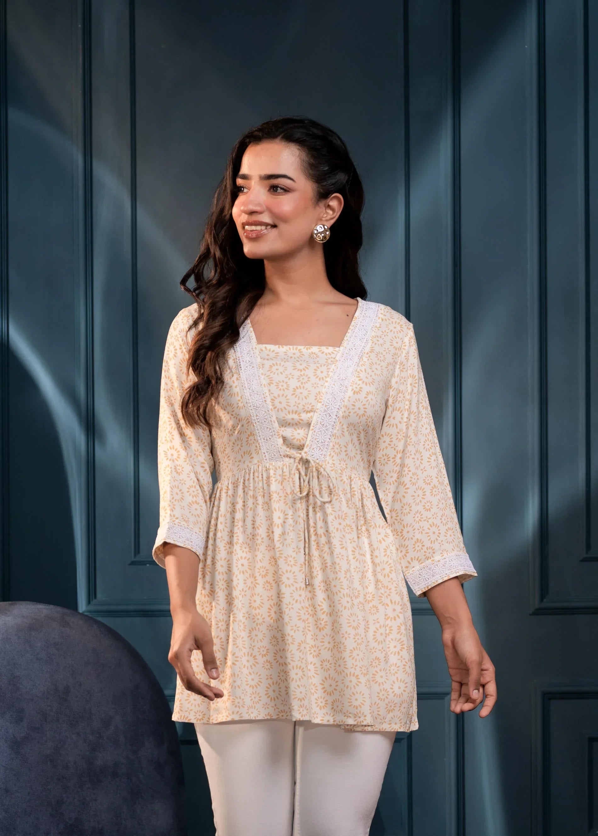 Off-White & Mustard Floral Printed Viscose Tunic for Women | Elegant Casual Chic Wear