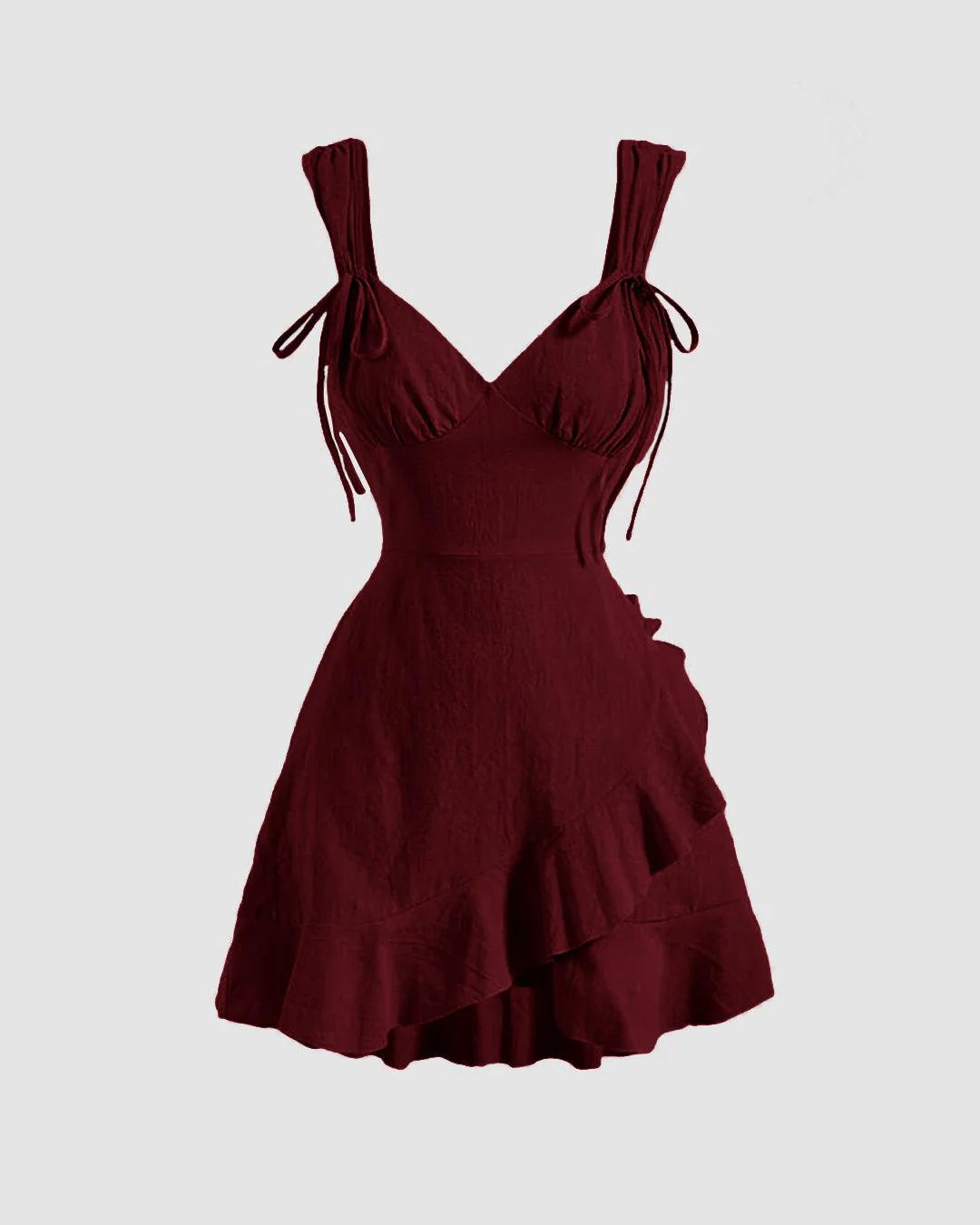 Maroon Ruffle Wrap Mini Dress | V-Neck Tie-Shoulder Fit & Flare Dress for Women