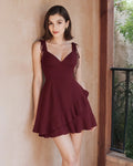 Maroon Ruffle Wrap Mini Dress | V-Neck Tie-Shoulder Fit & Flare Dress for Women