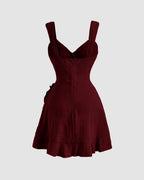 Maroon Ruffle Wrap Mini Dress | V-Neck Tie-Shoulder Fit & Flare Dress for Women