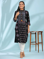 Black Ethnic Motif Printed Rayon Calf Length Straight Kurta for Women with Kaudis, Kantha Work & Sequins | Premium Festive Wear