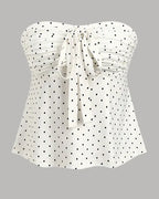 Strapless Ruched Polka Dot Tie-Up Top in White and Black