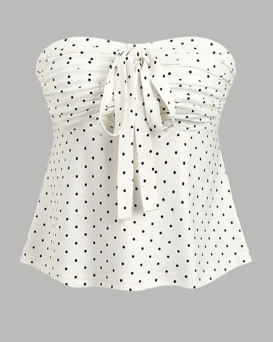 Strapless Ruched Polka Dot Tie-Up Top in White and Black