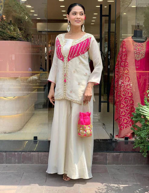 Off White Embroidered Roman Silk Kurta & Palazzo Set for Women | Luxury Festive Wear