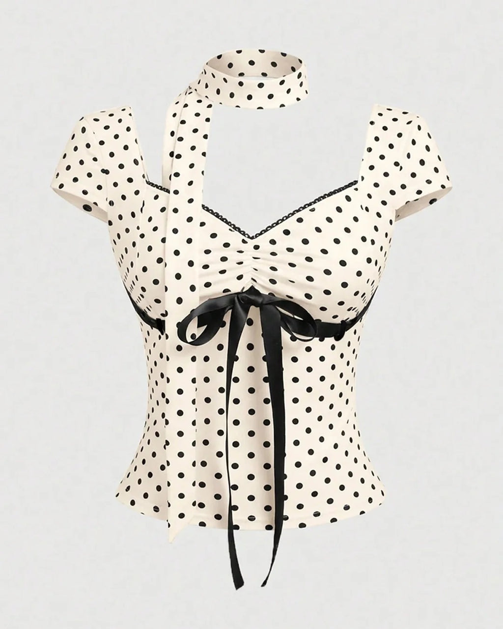 Polka Dot Bow Tie Top with Scarf for Women | Vintage Chic Statement Top
