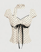 Polka Dot Bow Tie Top with Scarf for Women | Vintage Chic Statement Top