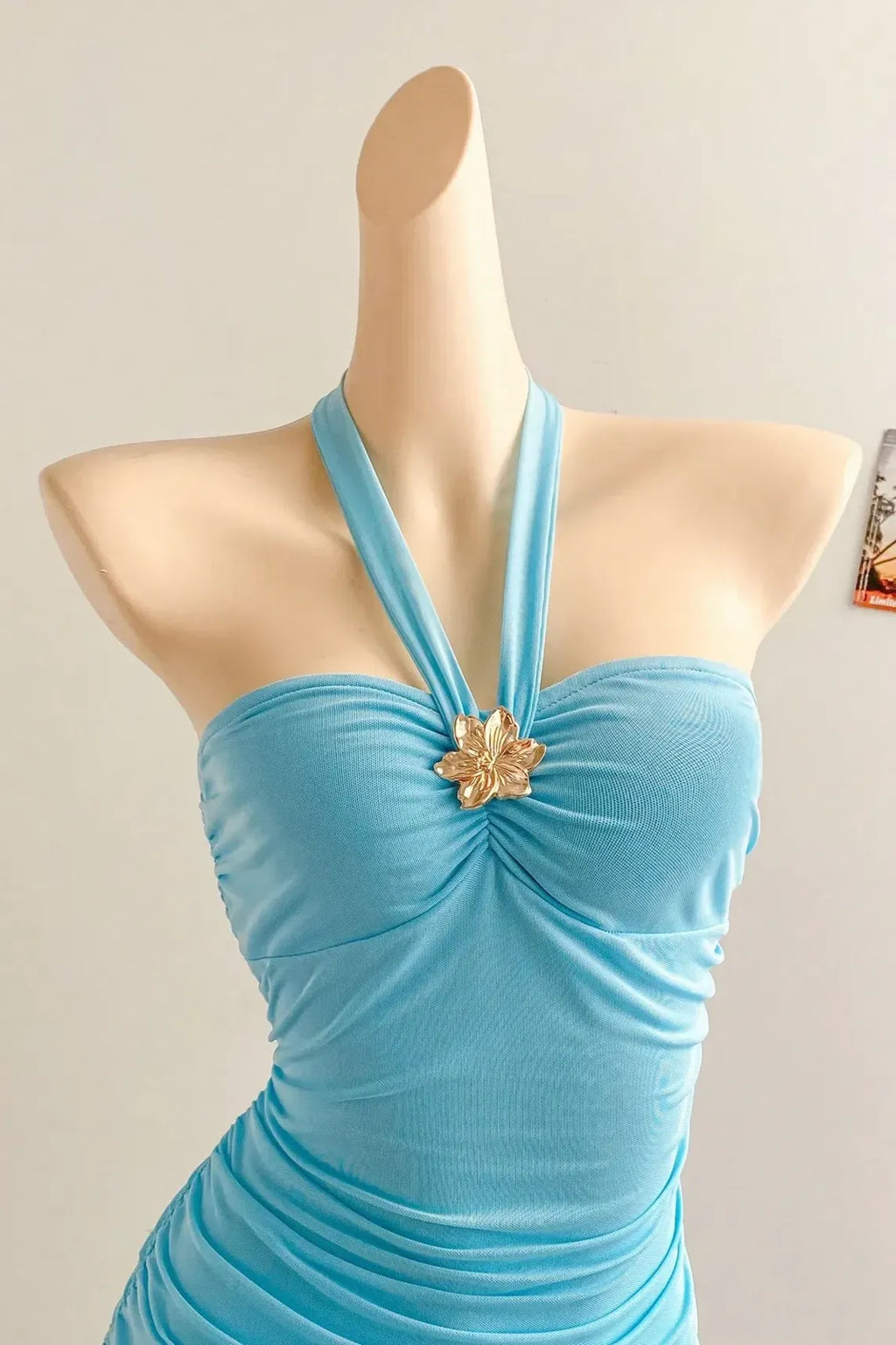 Floral Brooch Ruched Asymmetrical Maxi Dress in Sky Blue