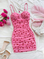 Pink Heart Print Ruched Bodycon Mini Dress