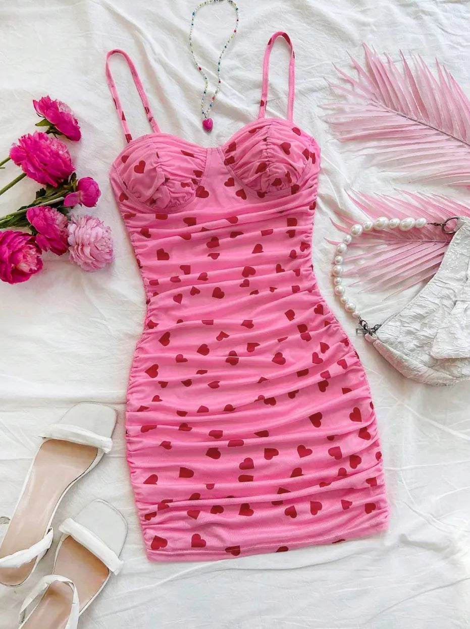 Pink Heart Print Ruched Bodycon Mini Dress