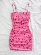 Pink Heart Print Ruched Bodycon Mini Dress