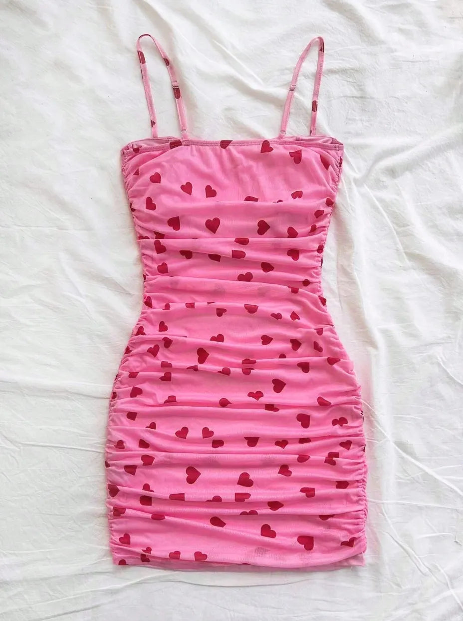 Pink Heart Print Ruched Bodycon Mini Dress