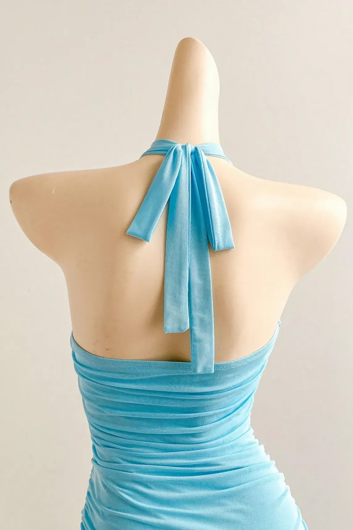 Floral Brooch Ruched Asymmetrical Maxi Dress in Sky Blue