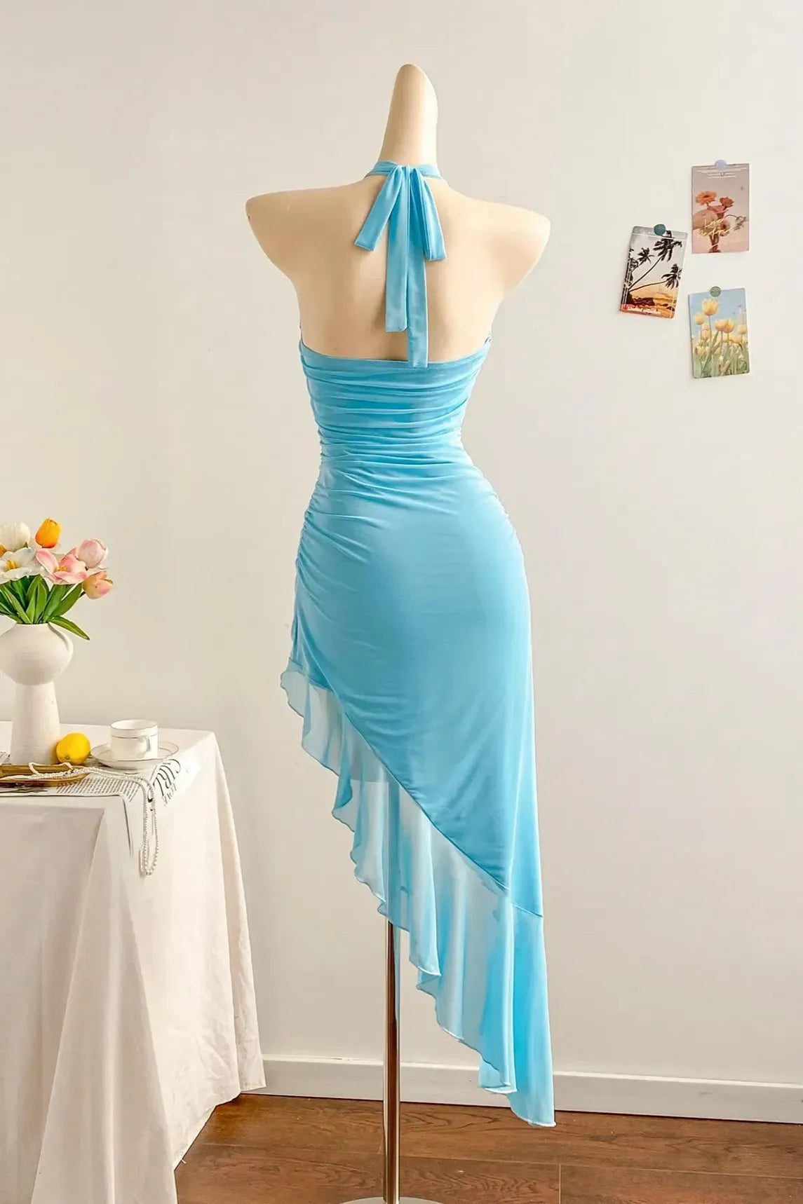 Floral Brooch Ruched Asymmetrical Maxi Dress in Sky Blue
