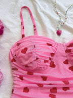 Pink Heart Print Ruched Bodycon Mini Dress
