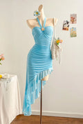Floral Brooch Ruched Asymmetrical Maxi Dress in Sky Blue